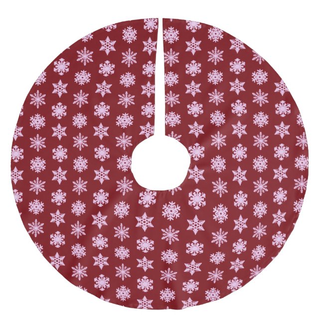 Schneeflocken - Burgunder Wein und Rosa Polyester Weihnachtsbaumdecke (Vorderseite)