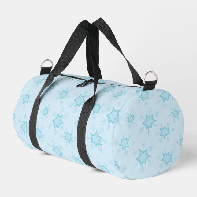 Schneeflocken, Eisblau, Eisschneeflocken, Schnee Duffle Bag (Linke Seite)