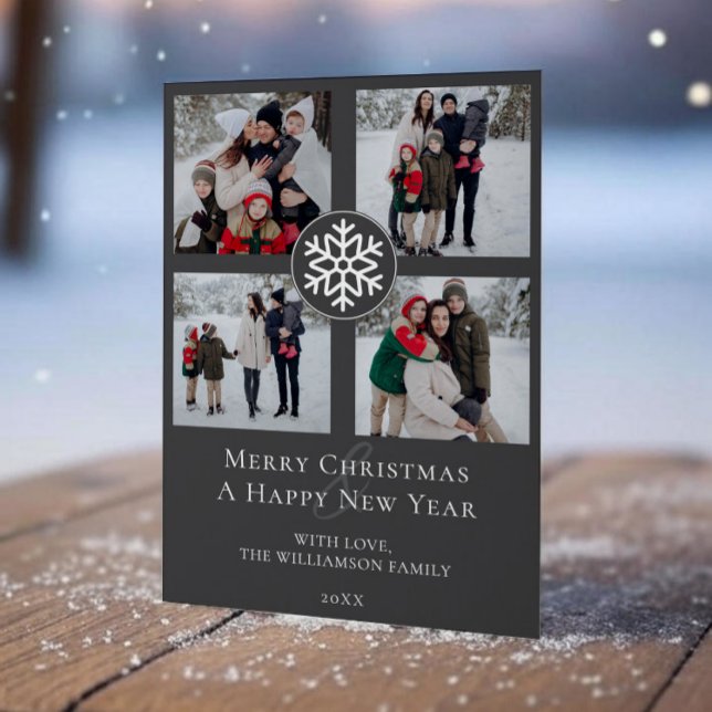 Schneeflocken-Emblem-Foto-Collage | Anthrazitgrau Feiertagskarte (Gray Snowflake Emblem Photo Collage Holiday Photo Card)