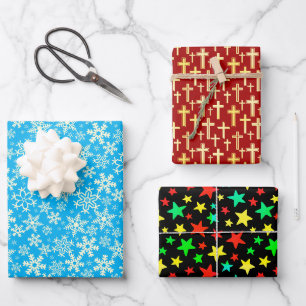 Schneeflocken, farbenfrohe Stars, moderne, elegant Geschenkpapier Set