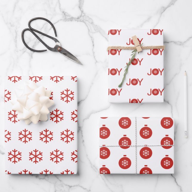 Schneeflocken, Freude und Weihnachtsbälle Muster Geschenkpapier Set (Vorderseite)