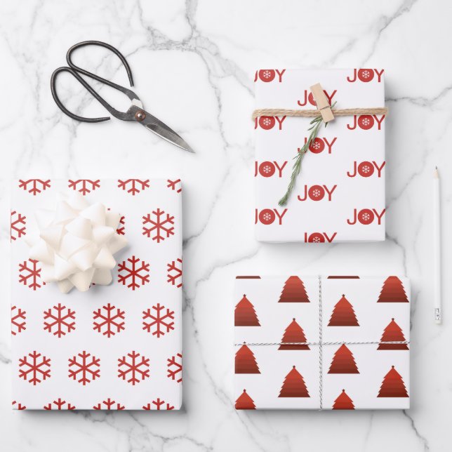 Schneeflocken, Freude und Weihnachtsbaummuster Geschenkpapier Set (Vorderseite)