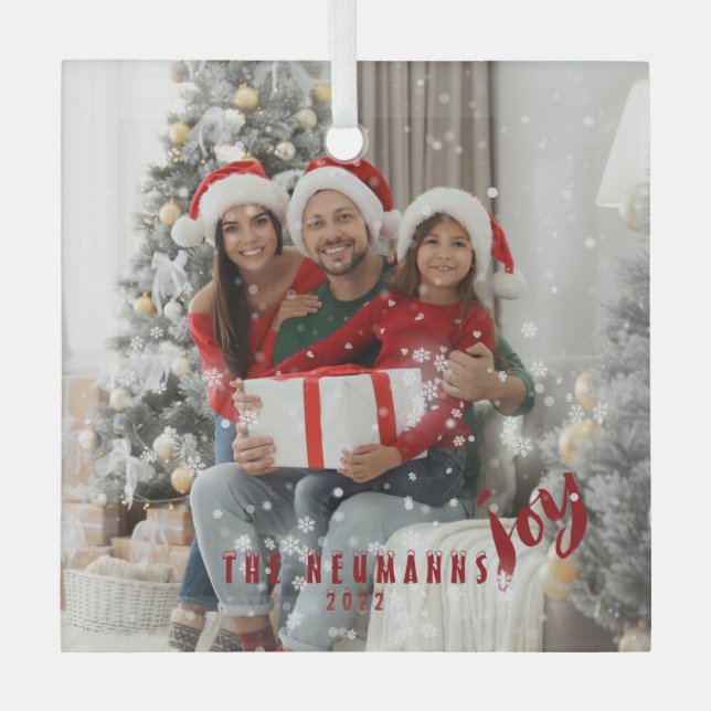 Schneeflocken Freudenurlaub Familie Foto Ornament Aus Glas (Vorderseite)