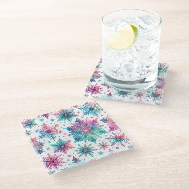 Schneeflocken Glasuntersetzer (Schrägansicht)