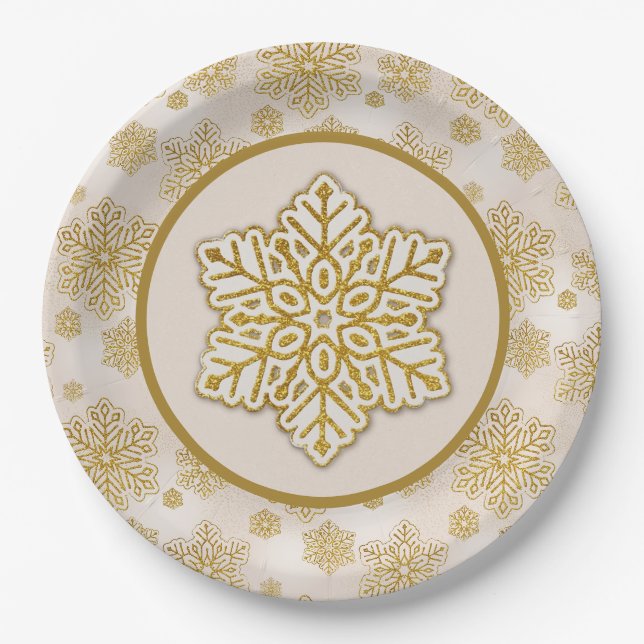 Schneeflocken Gold Glitzer Sparkone Pappteller (Vorderseite)