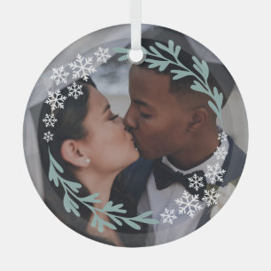 Schneeflocken & Grün Kranz um Ihr Foto Ornament Aus Glas