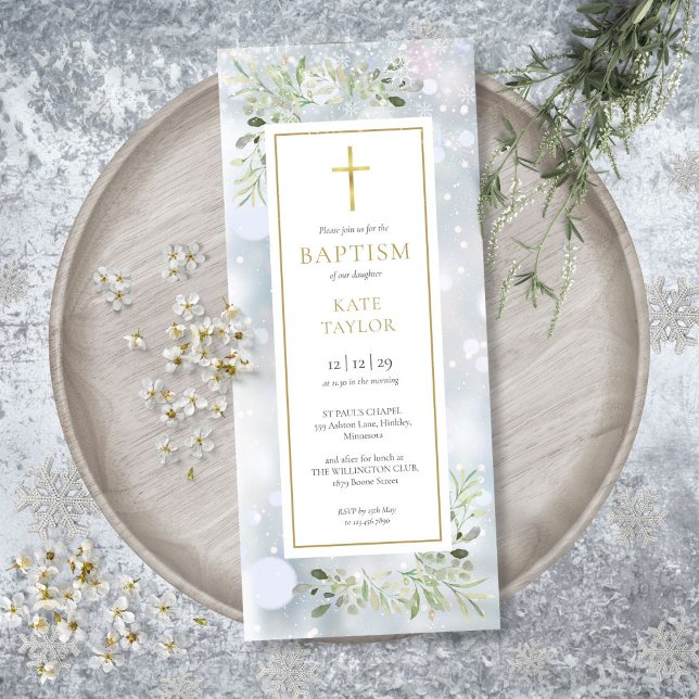 Schneeflocken Grüne Winter Taufe Christening Inv Einladung (Snowflakes Greenery Winter Baptism Christening Inv Invitation)