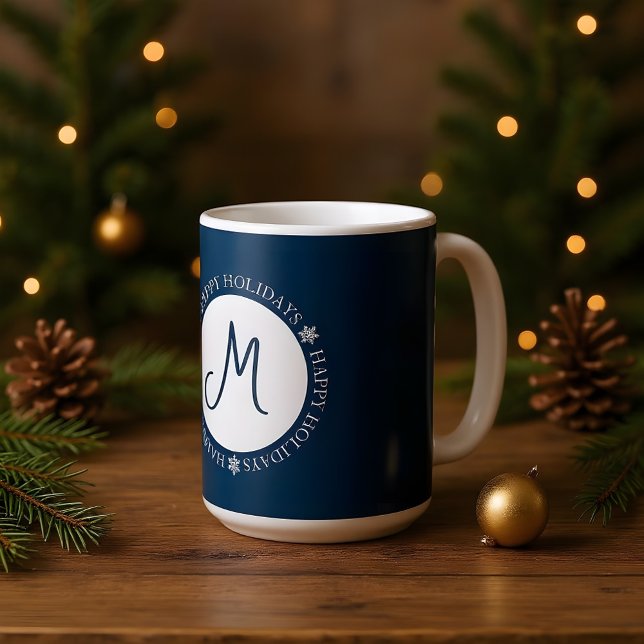 Schneeflocken Happy Holidays Blue Monogram Kaffeetasse (Von Creator hochgeladen)