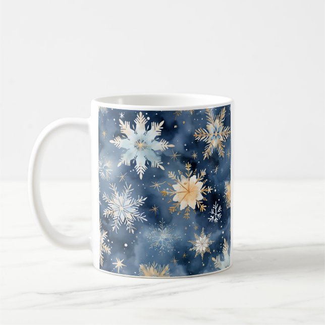 Schneeflocken in Blau und Gold Kaffeetasse (Links)