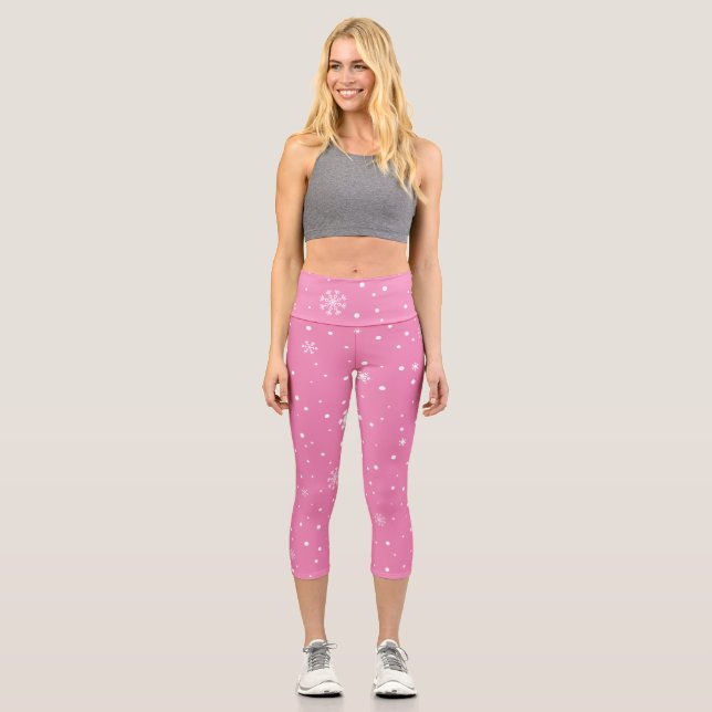 Schneeflocken in Rosa und Weiß & Punkte Capri Leggings (Vorderseite)
