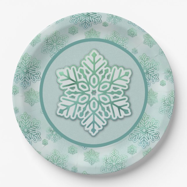 Schneeflocken Iridescent Winter Green Pappteller (Vorderseite)