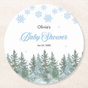 Schneeflocken Kiefern Winter-Baby-Party Runder Pappuntersetzer