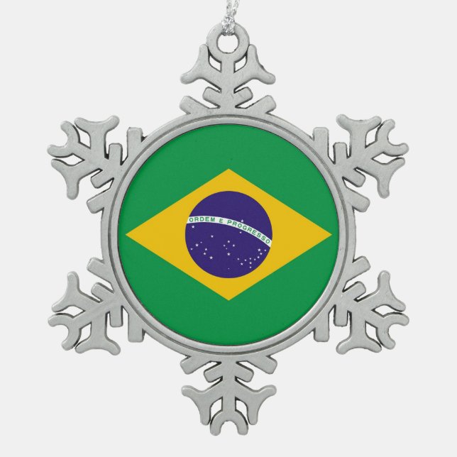 Schneeflocken mit brasilianischer Flagge Zinn-Ornament (Vorderseite)