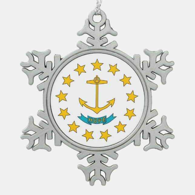 Schneeflocken mit der Flagge der Insel Rhode Zinn-Ornament (Vorderseite)
