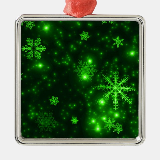Schneeflocken mit grünem Hintergrund Silbernes Ornament (Vorne)