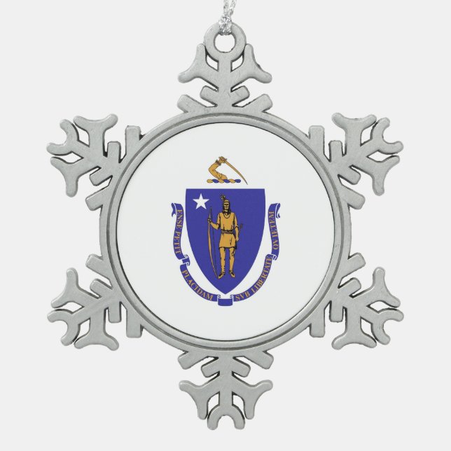 Schneeflocken mit Massachusetts-Fahne Zinn-Ornament (Vorderseite)