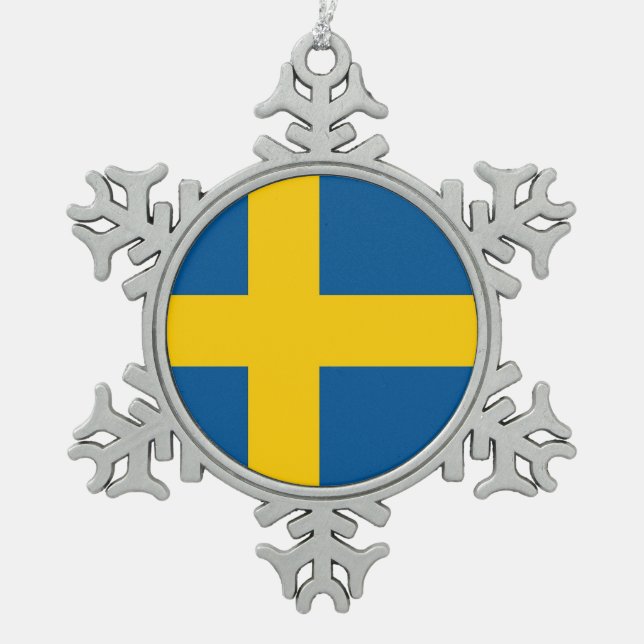 Schneeflocken mit Schwedenflagge Zinn-Ornament (Vorderseite)