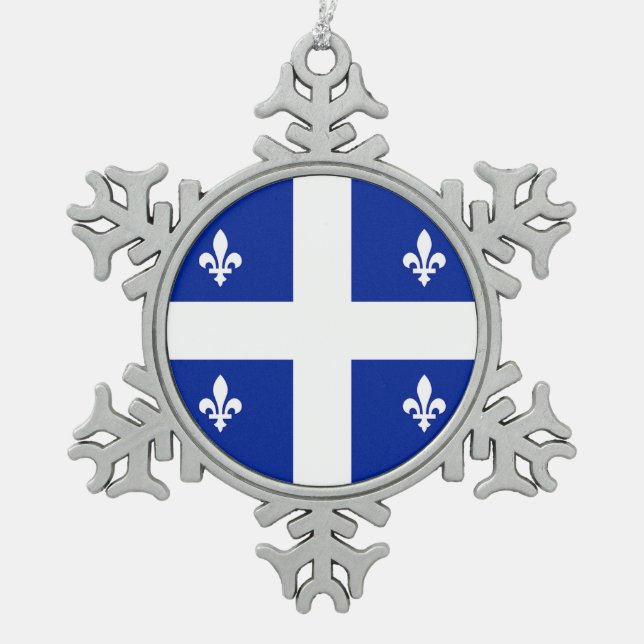 Schneeflocken mit Zwergfahne und Quebec-Flagge Zinn-Ornament (Vorderseite)