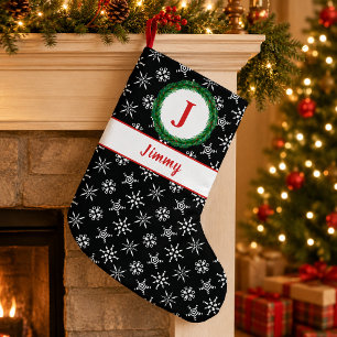 Schneeflocken-Monogramm - Ihr Name Schwarz/Weiß Kleiner Weihnachtsstrumpf