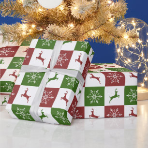 Schneeflocken-Muster für Rote und Grüne Rentiere Geschenkpapier