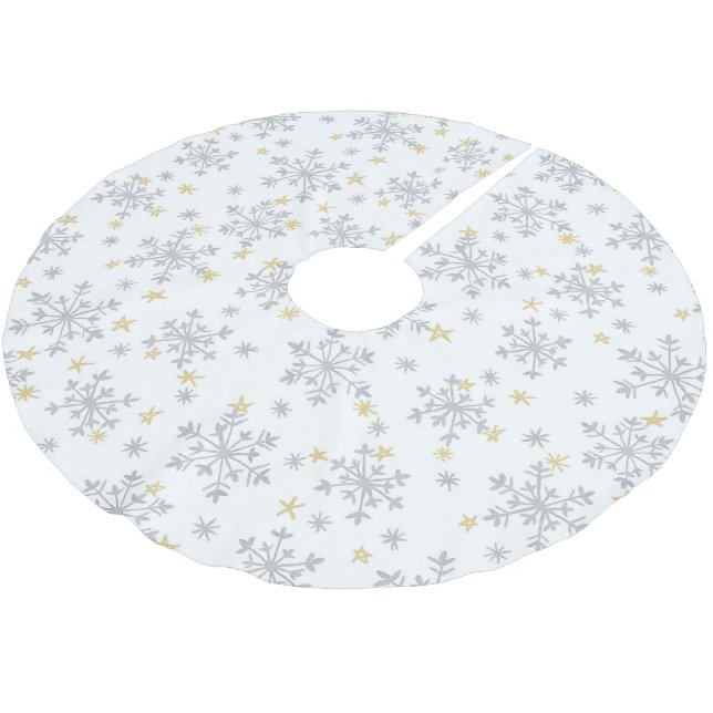 Schneeflocken Muster - Silber & Gold auf Weiß Polyester Weihnachtsbaumdecke (Schrägansicht)