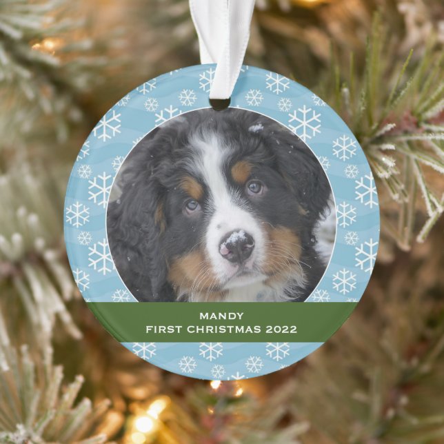 Schneeflocken personalisierter Hund Erstes Foto Ornament (Baum)