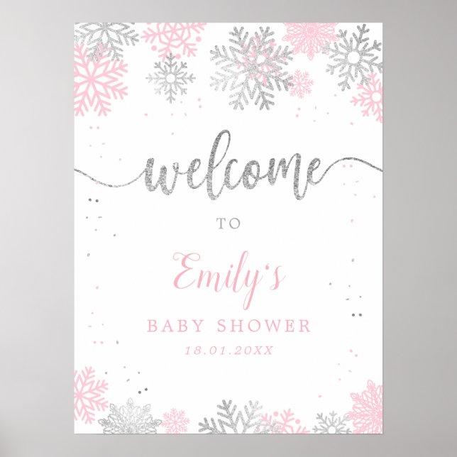 Schneeflocken Pink Silver Girl Baby Dusche Willkom Poster (Vorne)