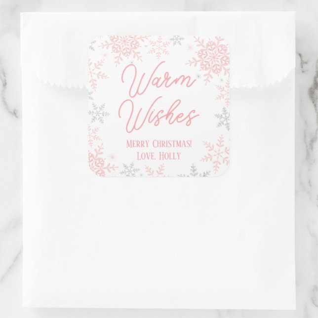 Schneeflocken Pink & Silver Glitzer Weihnachtsgesc Quadratischer Aufkleber (Tasche)