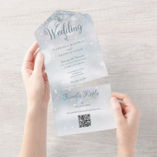 Schneeflocken QR-Code Monogram Winter Wedding All In One Einladung