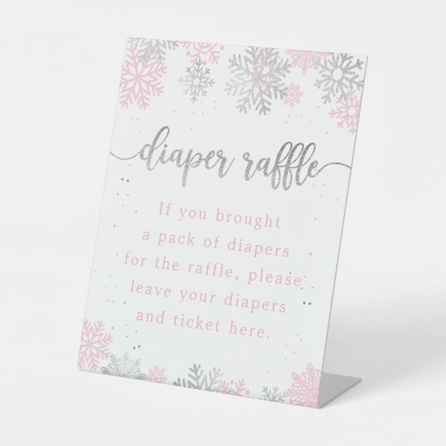 Schneeflocken Rosa Silver Diaper Raffle Baby Dusch Sockelschild (Vorderseite)
