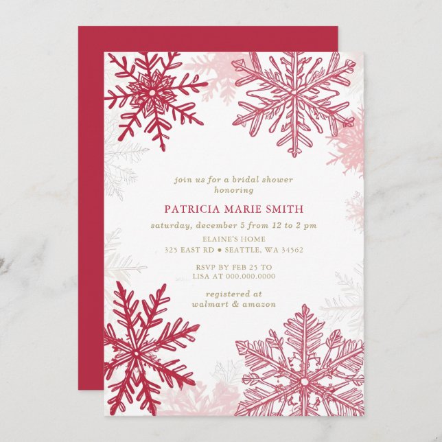Schneeflocken Rosa Weihnachten Brautparty Einladung (Vorne/Hinten)