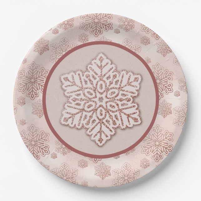 Schneeflocken Rose Gold Glitzer Rosa Pappteller (Vorderseite)