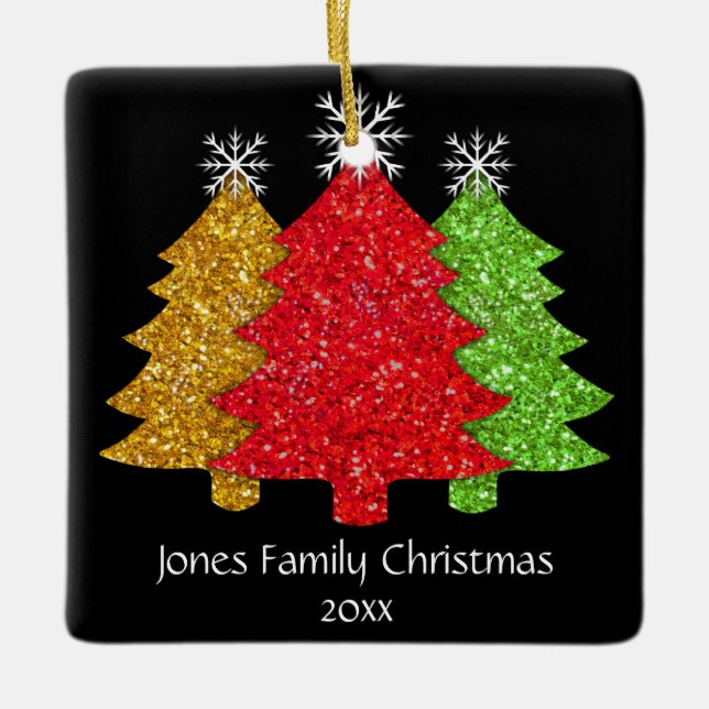 Schneeflocken Rot-Gold-Grün Weihnachtsbaum Schneef Keramikornament (Vorderseite)