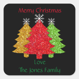 Schneeflocken Rot-Gold-Grün Weihnachtsbaum Schneef Quadratischer Aufkleber