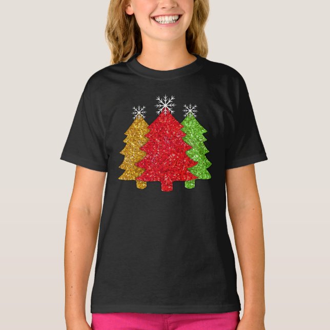Schneeflocken Rot-Gold-Grün Weihnachtsbaum Schneef T-Shirt (Vorderseite)