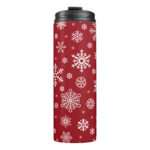 Schneeflocken, rote Dekoration, Weihnachtsmuster. Thermosbecher