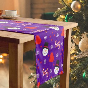 Schneeflocken Schneemann Zuckerstangen Blauer Hint Kurzer Tischläufer