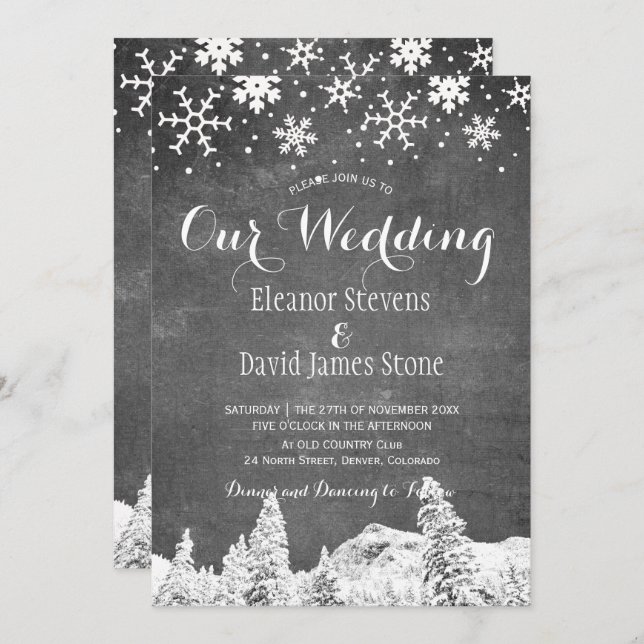 Schneeflocken Schokolade Winterwald Hochzeit Einladung (Vorne/Hinten)