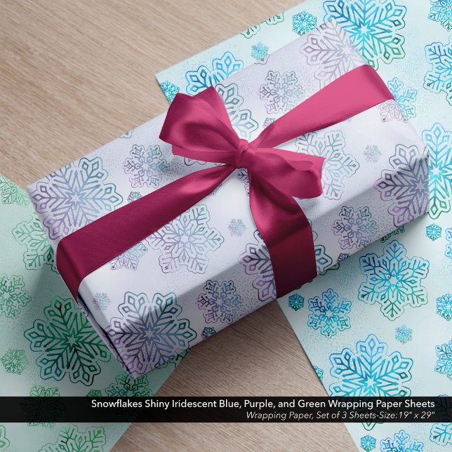 Schneeflocken Shinzon Iridescent Blau, Lila, grün Geschenkpapier Set (Snowflakes Shiny Iridescent Blue, Purple, Green Wrapping Paper Sheets-Variety Pack)