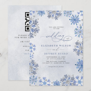 Schneeflocken Silber Blau Winter QR-Code Hochzeit Einladung