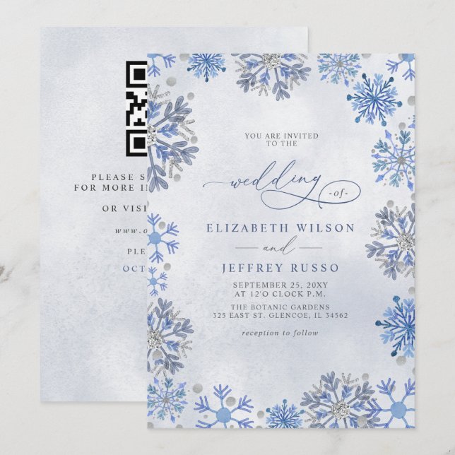 Schneeflocken Silber Blau Winter QR-Code Hochzeit Einladung (Vorne/Hinten)