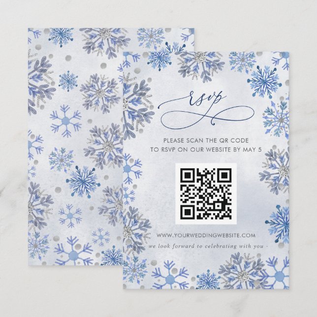 Schneeflocken Silber Blau Winterhochzeit QR CODE RSVP Karte (Vorne/Hinten)