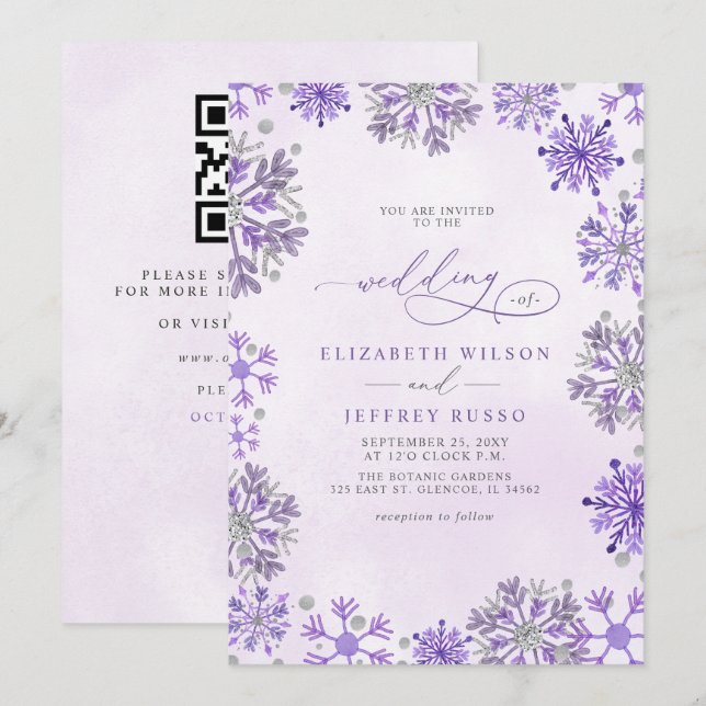 Schneeflocken Silber Lila Winter QR-Code Hochzeit Einladung (Vorne/Hinten)