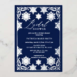 Schneeflocken Silber Navy Winter Brautparty Folieneinladung
