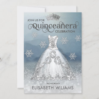 Schneeflocken Silberkleid ombre tiara Quinceañera Einladung