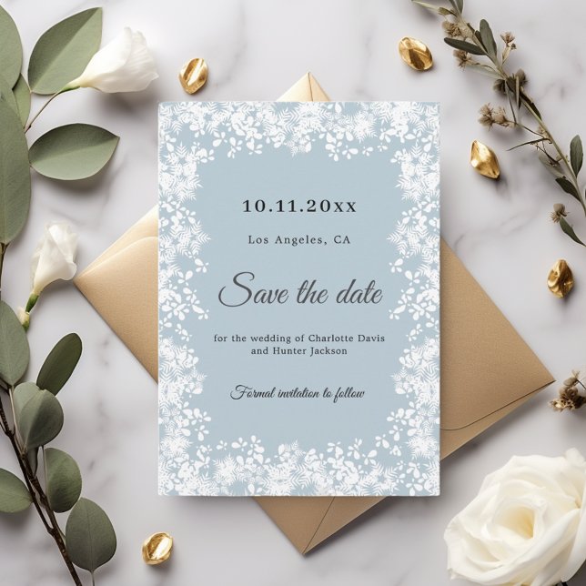 Schneeflocken staubblaues Winterhochzeit Save The Date (Von Creator hochgeladen)