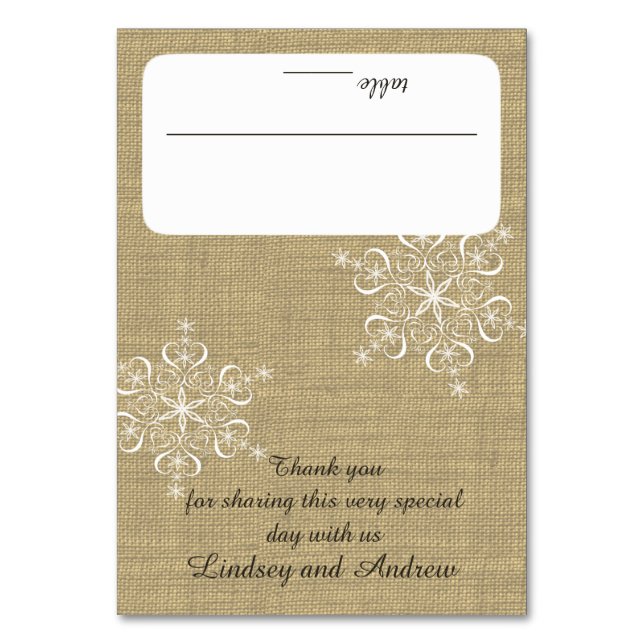 Schneeflocken und Burlap-Plätze Tischnummer (Vorderseite)