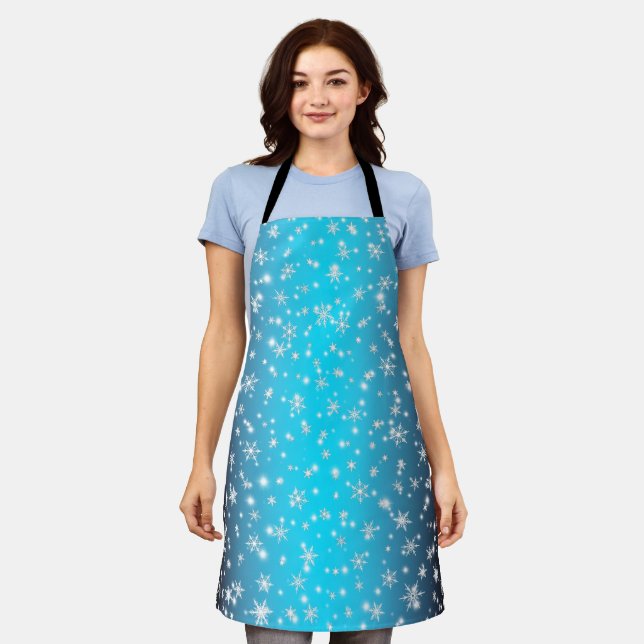 Schneeflocken und Glitzern über Blue Schürze (Getragen)