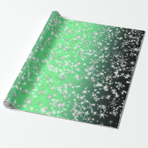 Schneeflocken und Glitzern über grünes Licht Geschenkpapier