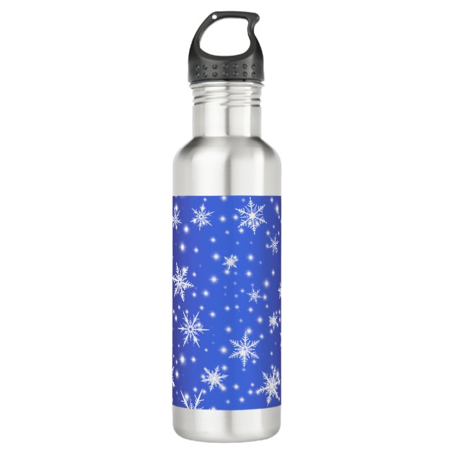 Schneeflocken und Glitzern über Navy Blue Light Edelstahlflasche (Vorderseite)